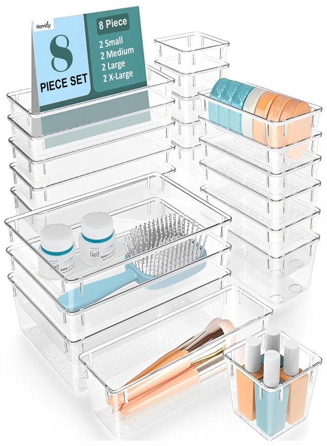 HOMIFLY منظم أدراج غير قابل للكسر من هوم فلاي مكون من 8 قطع / صينية تنظيم أدراج متعددة الأغراض / صندوق تخزين لطاولة الزينة / صينية تنظيم المكياج / صناديق تخزين للحمام / المطبخ - (شفاف) - Image 1